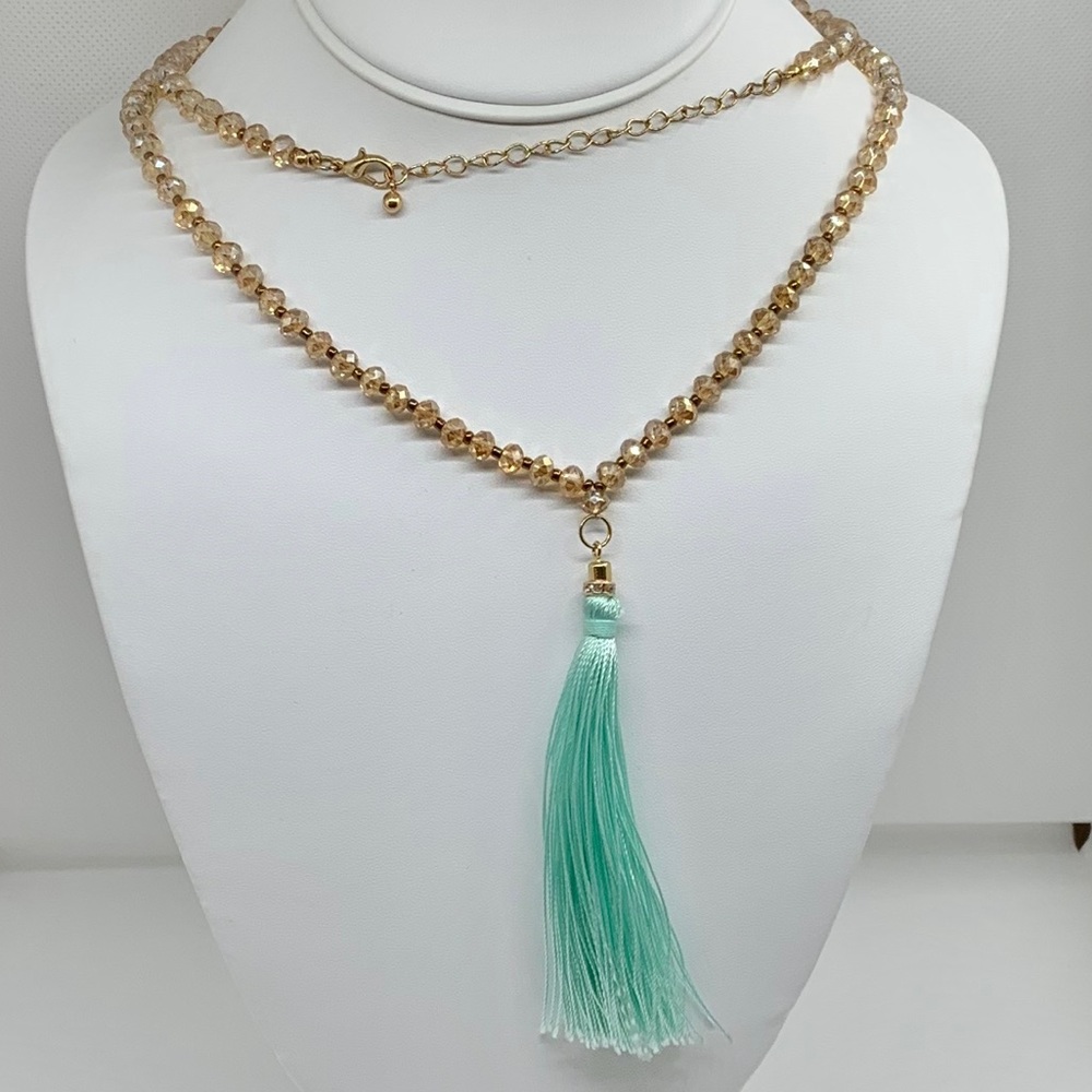 Gold Beaded Necklace with Mint Tassel